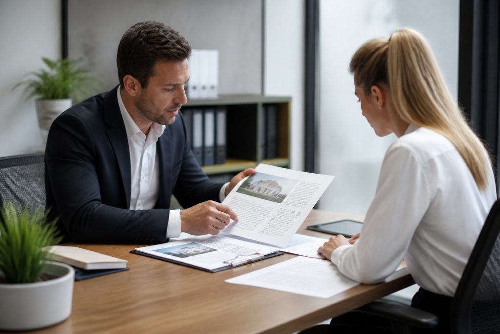 Professional buyer's agent and client in business meeting at modern desk, reviewing property documents and market analysis, natural office lighting