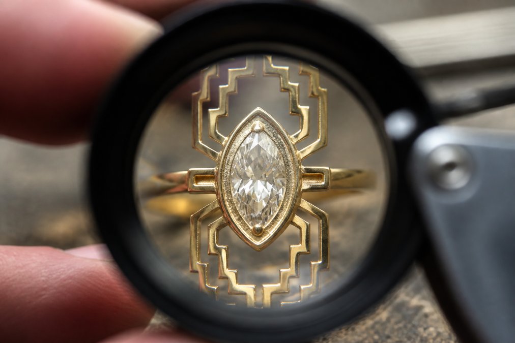 Close-up macro photography of an antique diamond under jeweler's loupe magnification, showing facet patterns and hand-cut asymmetries with clear directional lighting revealing surface details and girdle texture