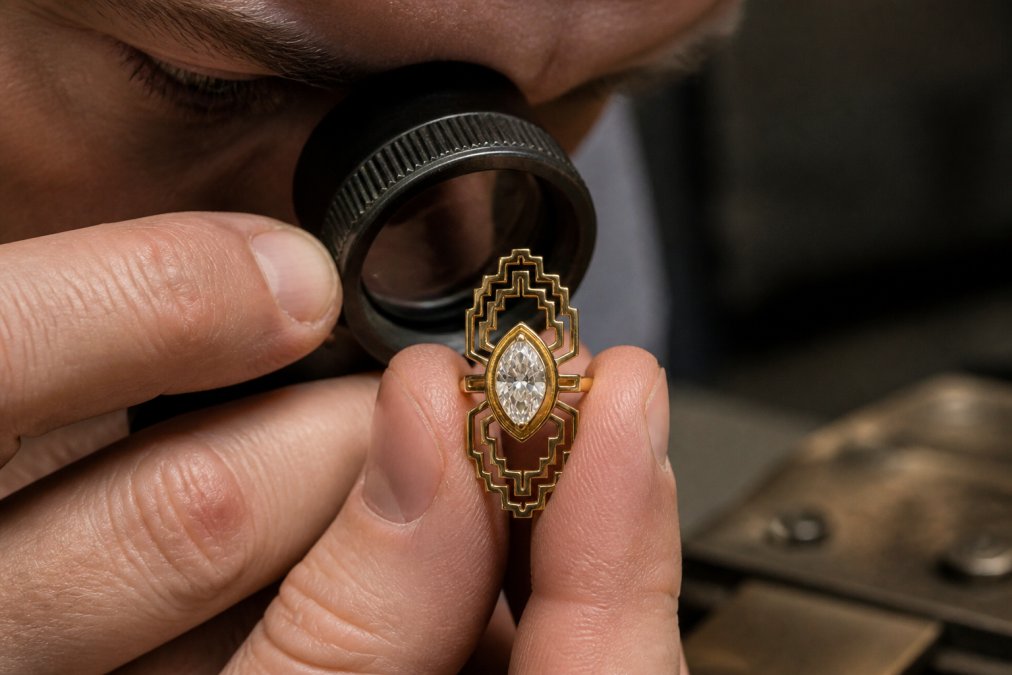 Jeweler examining antique diamond under professional magnification with loupe, close-up showing hand-cut facet patterns and asymmetries clearly visible under focused lighting in workshop setting