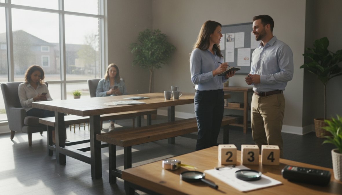 A resident speaking with a property manager in a modern apartment community common area, showing professional interaction and communication