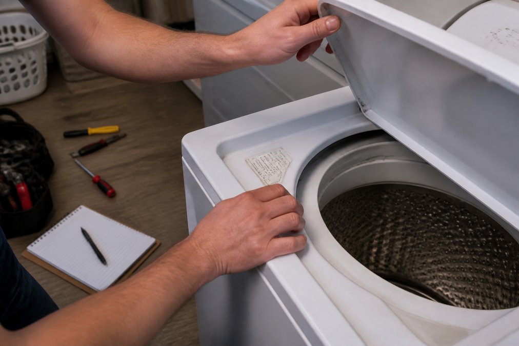 Hands lifting the lid of a top-loading washing machine to locate the model and serial number sticker on the inner rim