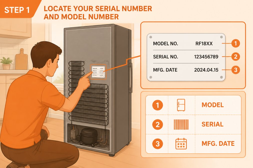 Homeowner pointing to the serial number and model number plate on the back of a refrigerator, showing the white data plate with clear manufacturing date and model information in natural kitchen lighting