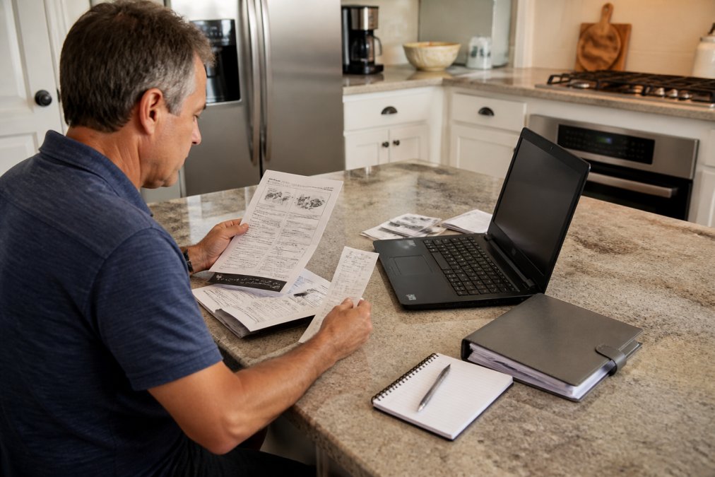 Person sitting at a kitchen counter with an appliance manual and original proof of purchase receipt visible, laptop open to a manufacturer warranty registration page, organized paperwork spread out in natural afternoon lighting