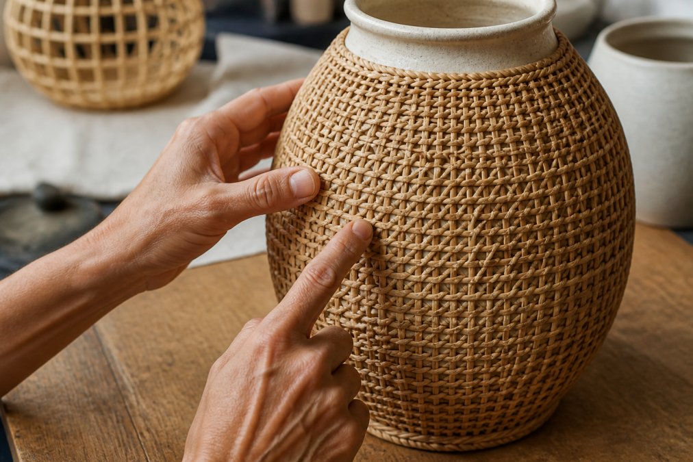 Close-up of hands examining handwoven rattan texture and weaving patterns on a ceramic vase, highlighting subtle irregularities and natural variations in the weave
