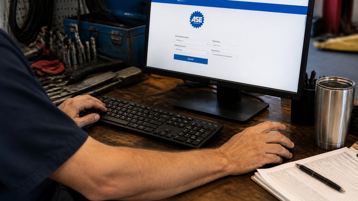 Person at a desk using a computer to verify ASE certification on an official portal