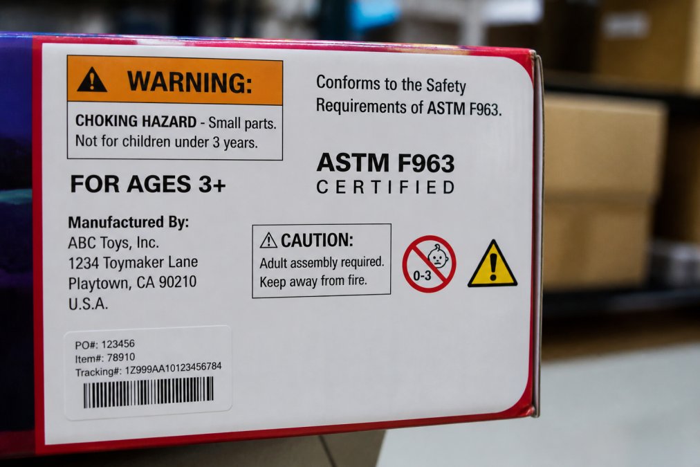 Close-up of toy package showing prominent age warning labels and ASTM F963 certification mark