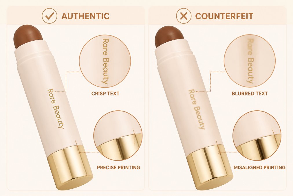 Close-up of authentic beauty product packaging showing crisp typography and precise colour registration compared to a counterfeit version with blurred text and misaligned printing