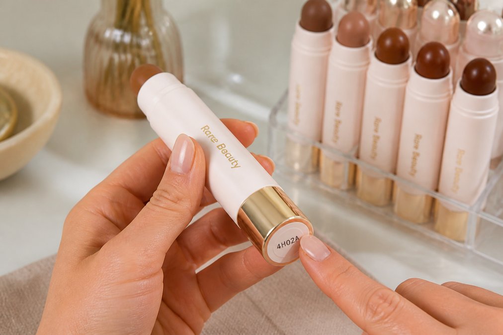 Hands holding a cosmetic product, pointing to the batch code location on the bottom of the packaging with the code clearly visible under natural lighting
