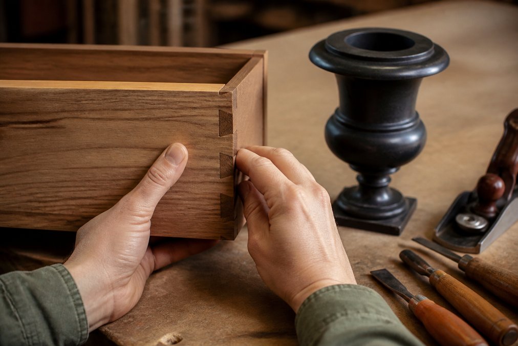 Close-up of hands examining fine wood joinery and dovetail joints on a high-end furniture piece, revealing intricate craftsmanship details and wood grain patterns under natural light