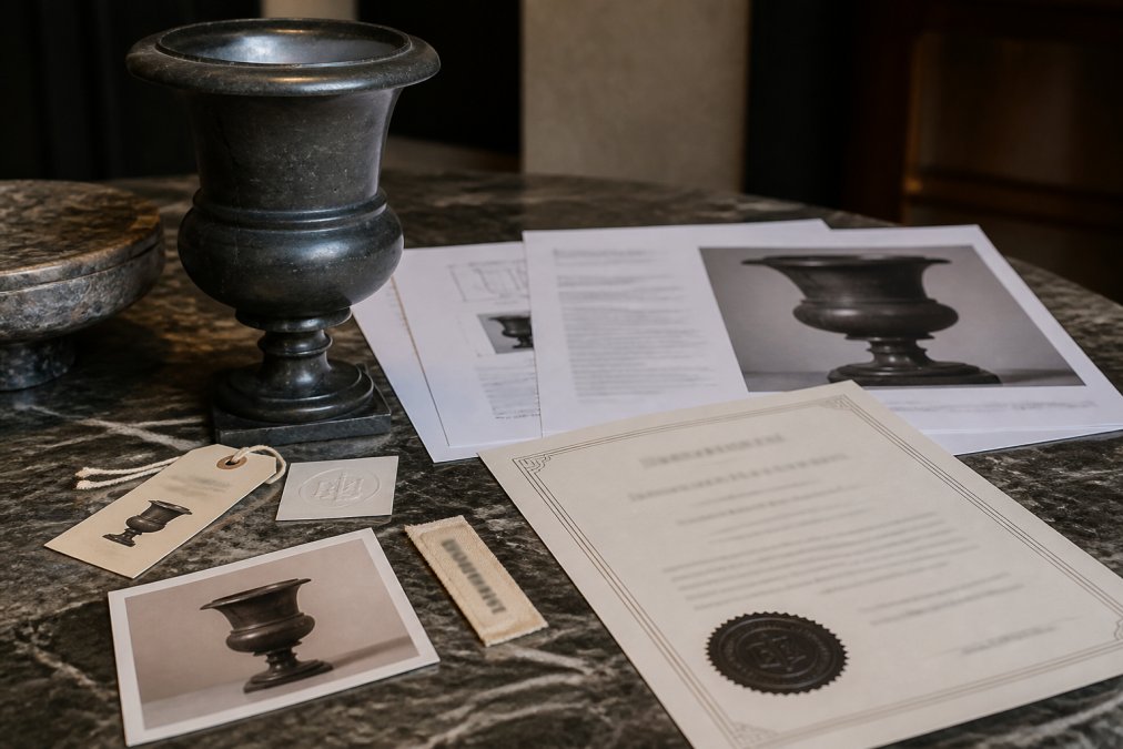 Detailed view of designer furniture documentation spread on a surface, including certificate of authenticity with embossed seal, maker's mark labels, serial number tags, and original designer paperwork