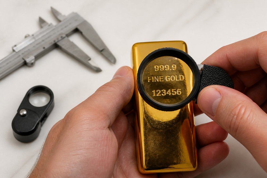 Hands examining a gold bar hallmark with a jeweler's loupe to learn how to verify authentic gold bullion.