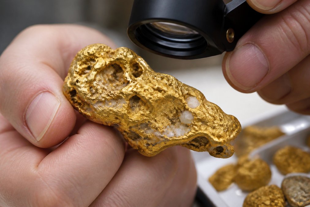 Visual guide to verify authentic gold nuggets by analyzing surface texture, quartz inclusions, and color.