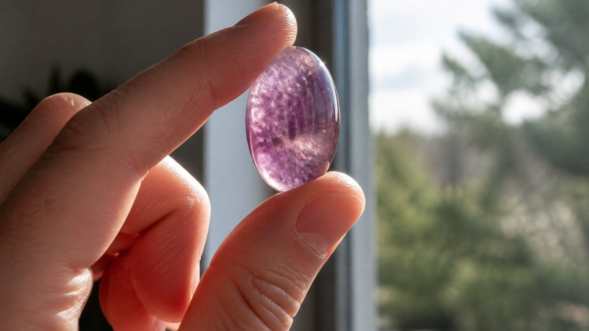 Close-up of hands holding a polished gemstone up to natural light, showing the stone's clarity, color depth, and internal patterns with detail visible