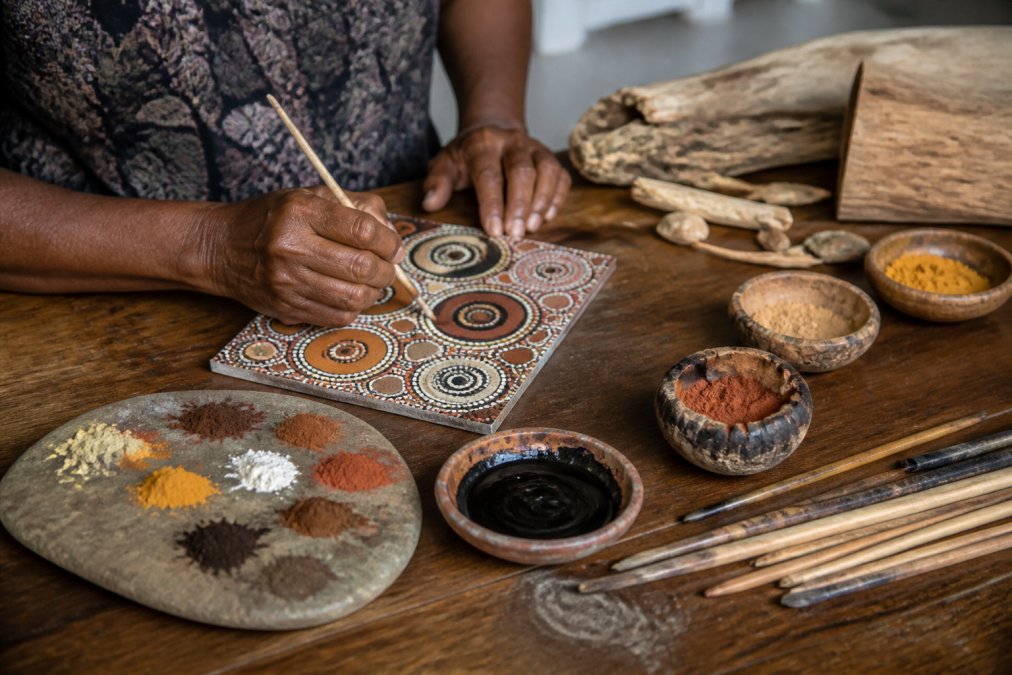 Close-up of an Indigenous artist's hands working on traditional artwork with natural pigments and traditional tools visible on a wooden work surface, with authentic materials arranged nearby