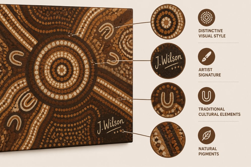 Detail shot showing authentic Indigenous artwork with distinctive visual style, visible artist signature, and traditional cultural elements clearly rendered in natural pigments on canvas