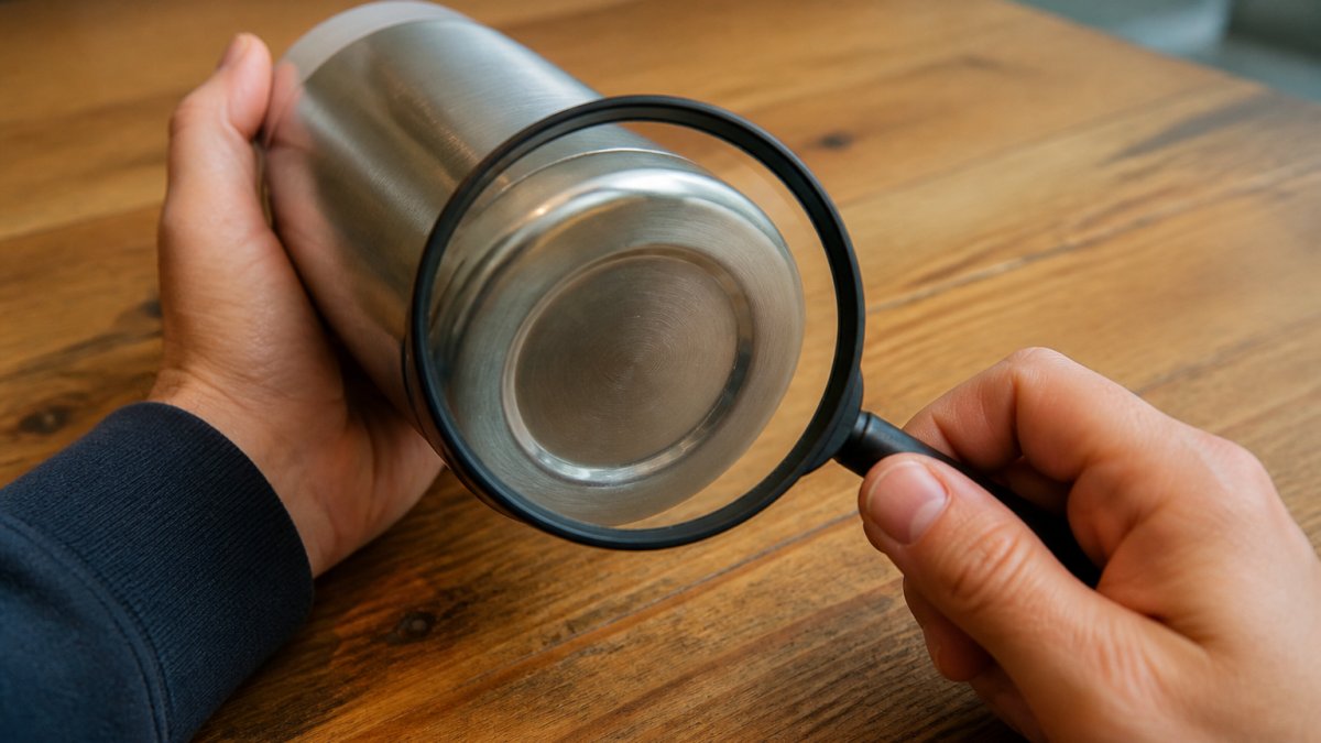 Hands using a magnifying glass to inspect the base stamp of a stainless steel tumbler for authentication.