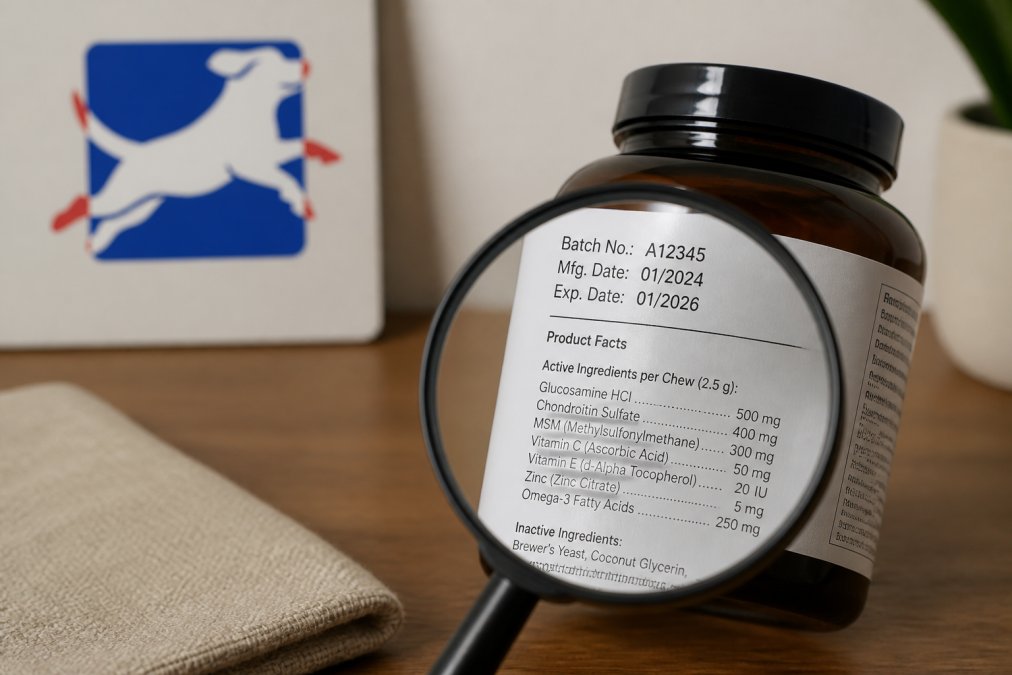 Magnifying glass inspecting a label to verify authentic pet supplements by checking batch numbers and ingredients.