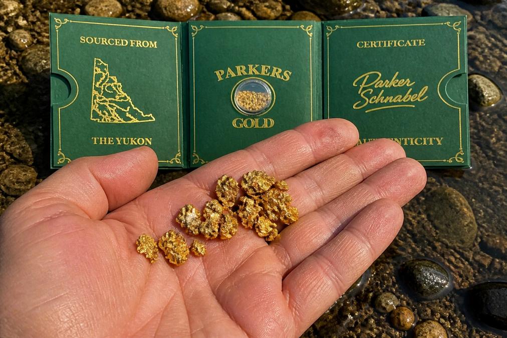 Prospector's hand holding raw placer gold flakes and small nuggets in natural sunlight, showing warm metallic luster and irregular rounded shapes, with stream-worn texture visible against skin