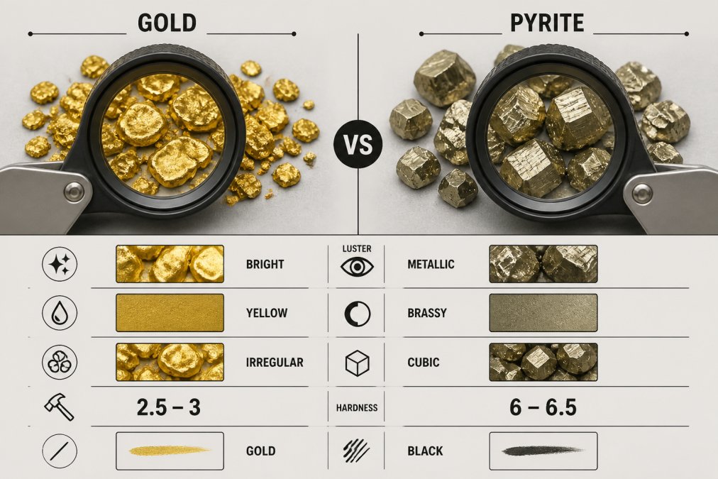 Jeweler's loupe positioned over genuine gold flakes and pyrite crystals arranged on neutral gray surface, showing side-by-side comparison with clear differences in luster and crystal structure under magnification