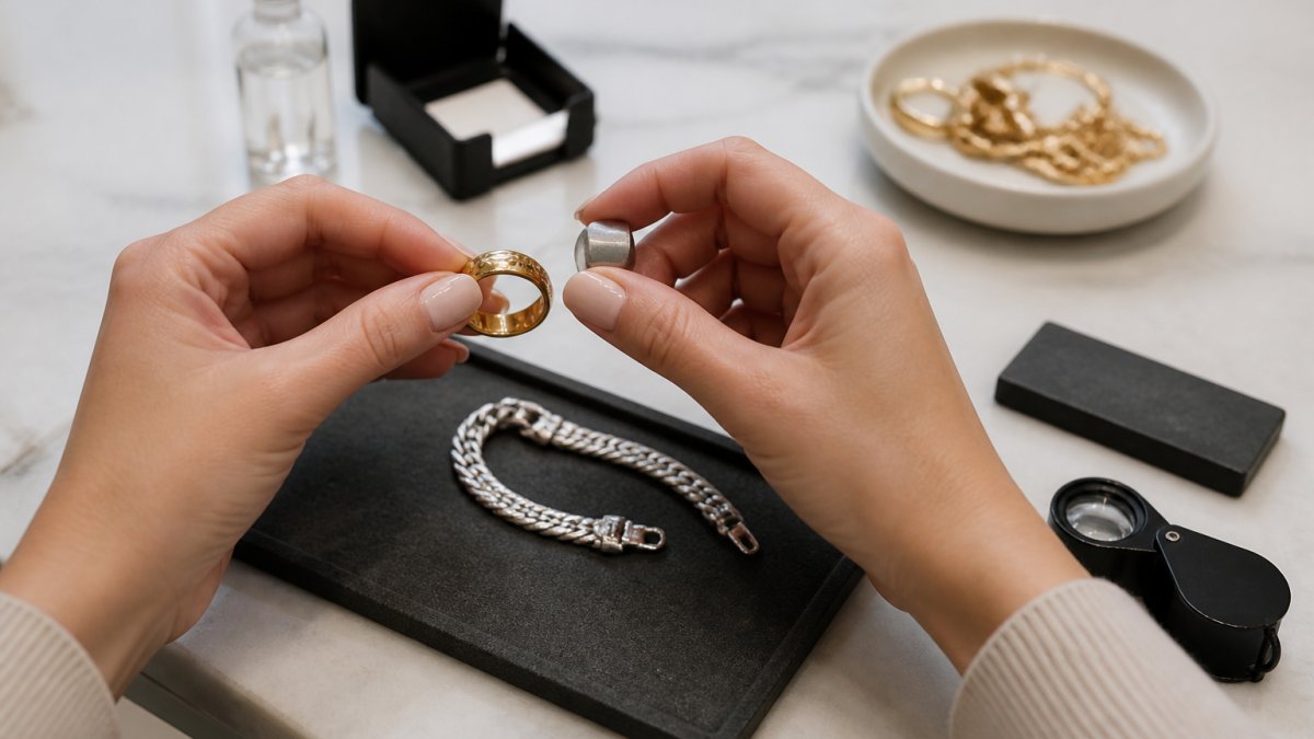 Close-up of hands performing a magnet test on a gold ring and silver bracelet on a neutral surface, with a small magnet visible