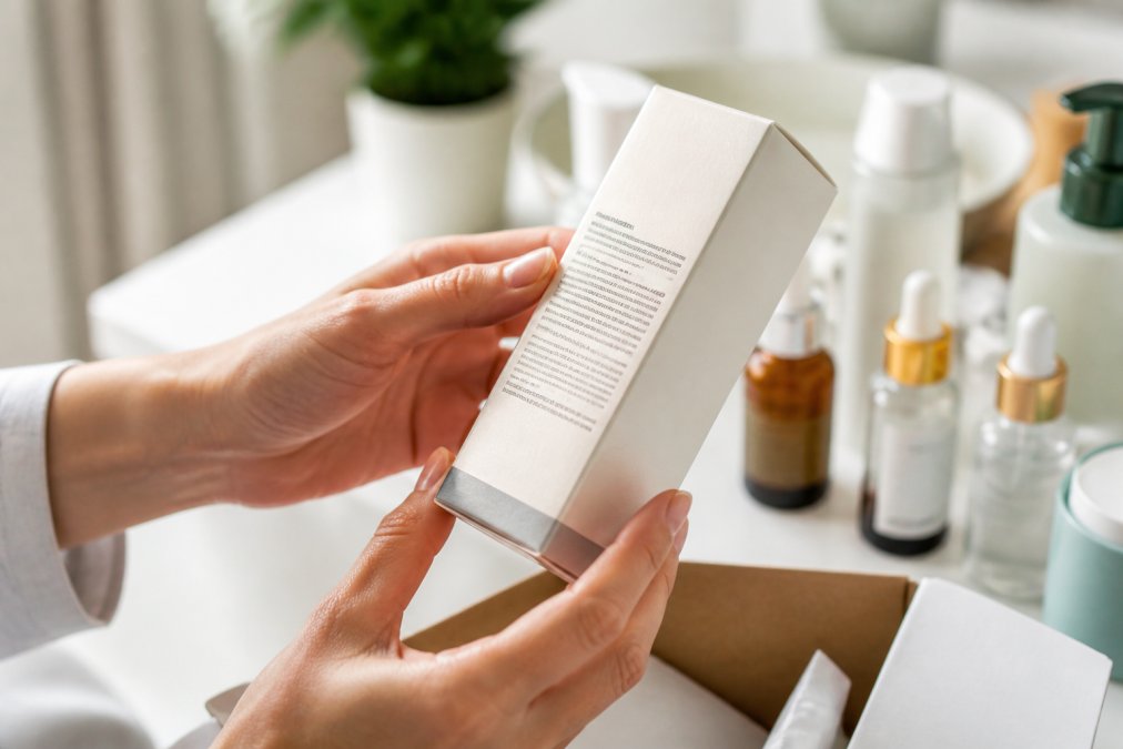 Close-up of hands examining a skincare product box under bright natural lighting, showing clear label text, font alignment, and packaging seams with attention to detail