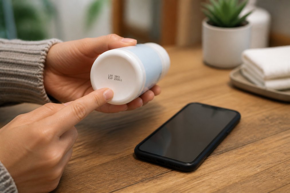Hands holding a skincare product bottle and carefully examining the batch code printed on the bottom, with a smartphone nearby showing a batch code decoder app