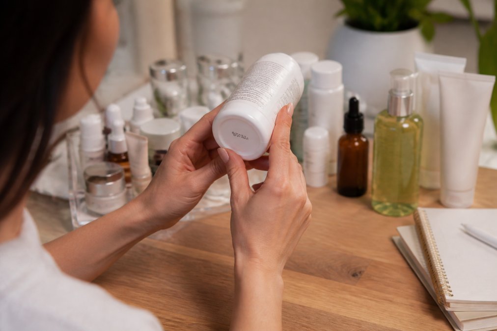 Hands turning a skincare bottle to check the batch code for authentic skincare products