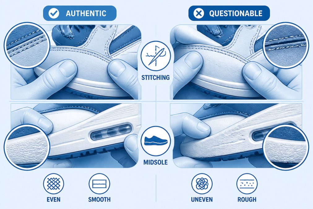 Close-up of hands examining sneaker stitching quality and midsole details under natural lighting, showing texture comparison between authentic and questionable construction