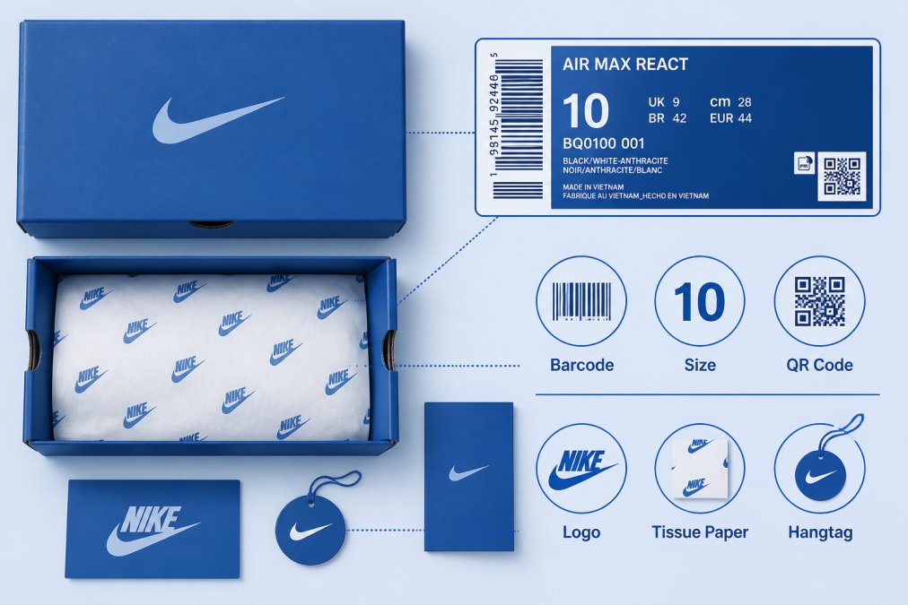 Flat lay of authentic sneaker box with label, tissue paper, and packaging materials showing authentic box design and label details