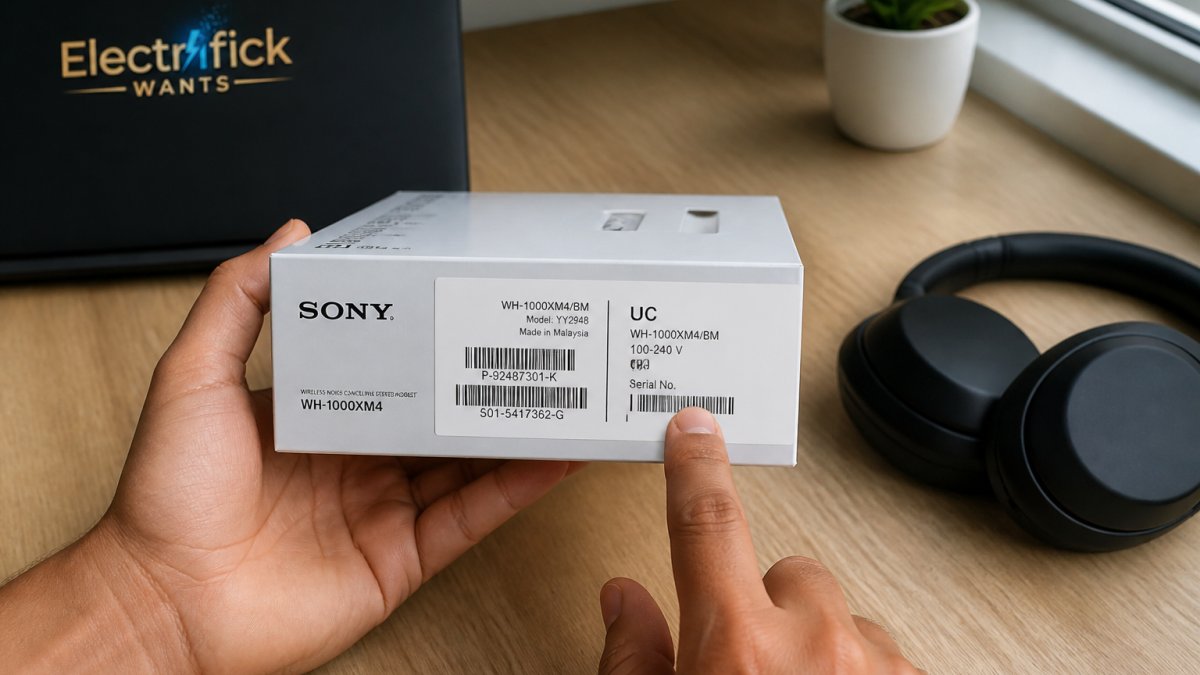 Close-up of hands holding a Sony product box next to a laptop, comparing the printed label and serial sticker under bright indoor light