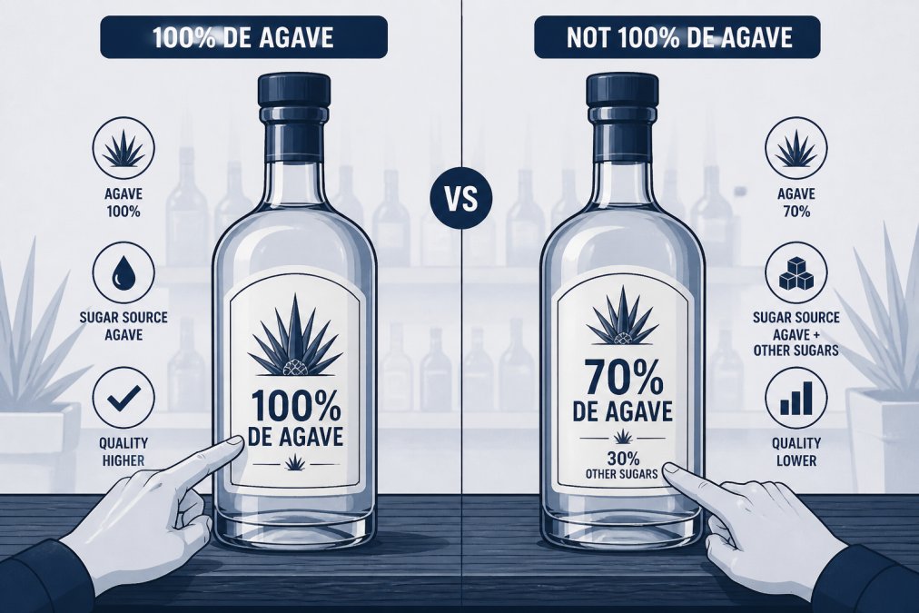 Close-up of two tequila bottles side by side on a wooden bar surface, one label clearly showing '100% de Agave' text, hands pointing to the label detail in soft warm lighting
