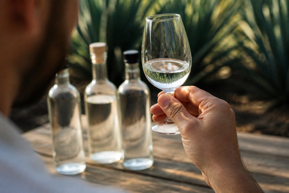 Person holding a glass of blanco tequila up to natural light, examining color and clarity, with additional tequila bottles blurred in the background on a rustic wooden table