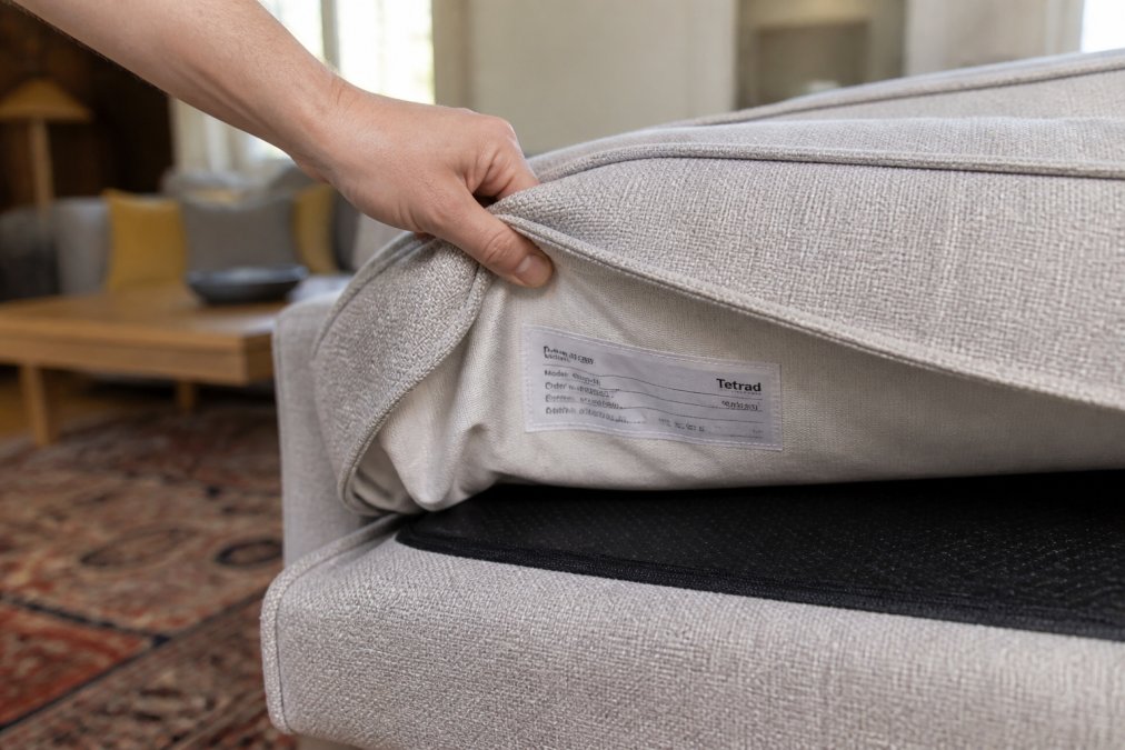 Close-up of a hand lifting the corner of a fabric sofa cushion to reveal a sewn-in manufacturer's label with a serial number and Tetrad branding, warm natural light in a living room