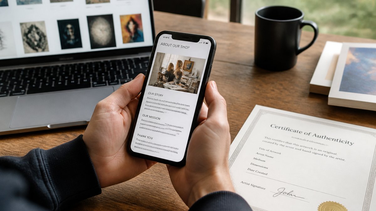 A close-up of hands holding a smartphone showing an online art shop's about page, with a laptop and a printed certificate of authenticity on a wooden desk nearby