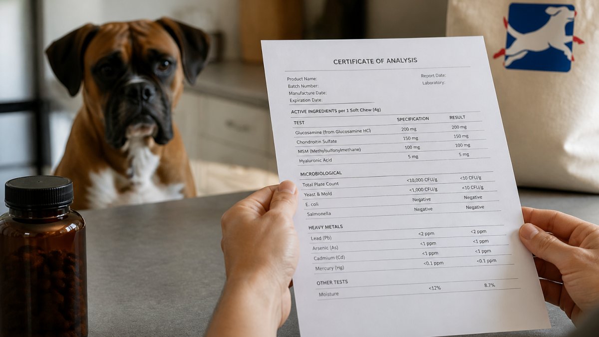 Close-up of a person's hands holding a printed certificate of analysis next to a pet supplement bottle on a kitchen counter, with a dog visible in the soft-focus background