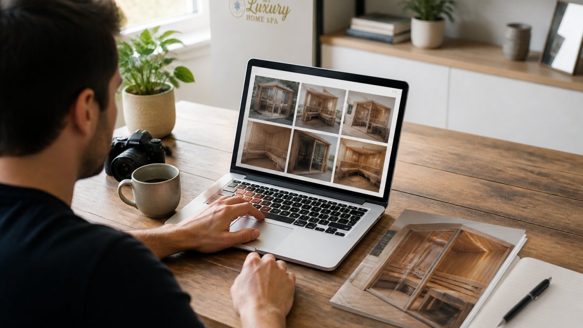 A person using a laptop to search a manufacturer's dealer locator page, with a sauna brochure and notepad on a wooden desk in a bright home office