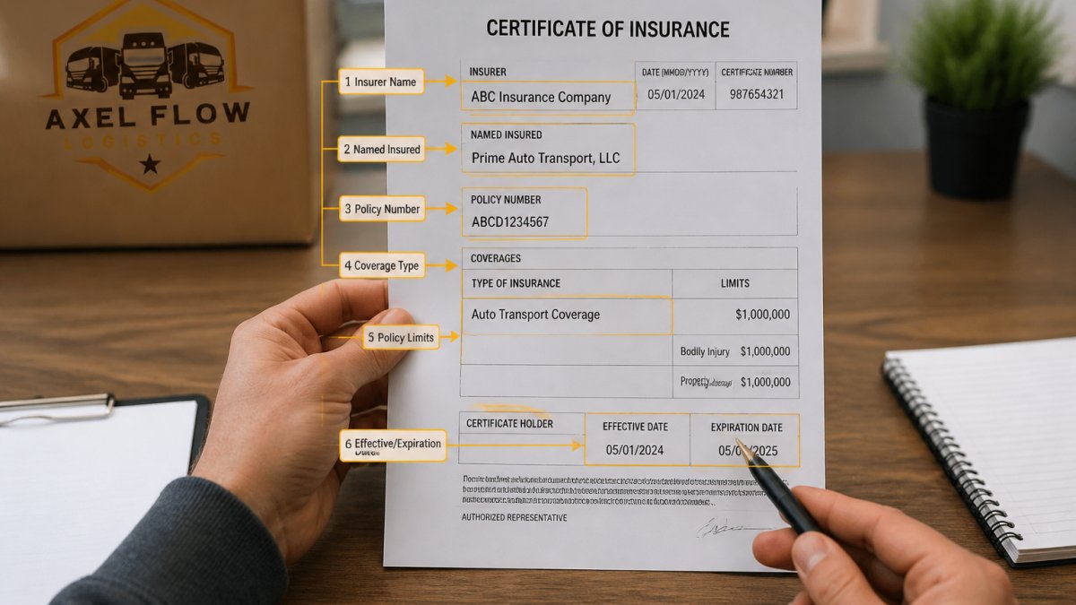Annotated Certificate of Insurance showing the six fields shippers must verify, insurer name, named insured, policy number, coverage type, policy limits, and effective/expiration dates, with callout arrows pointing to each field