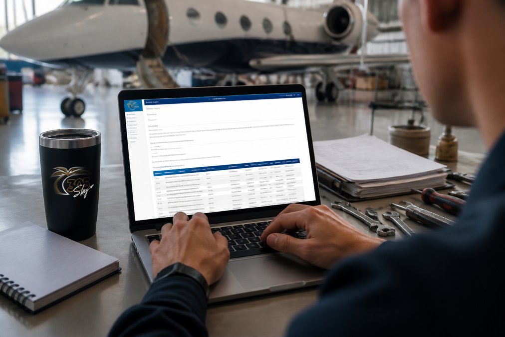 Close-up of hands typing on a laptop keyboard with the FAA Airmen Inquiry website visible on the screen, set on a clean desk inside an aircraft hangar with natural lighting