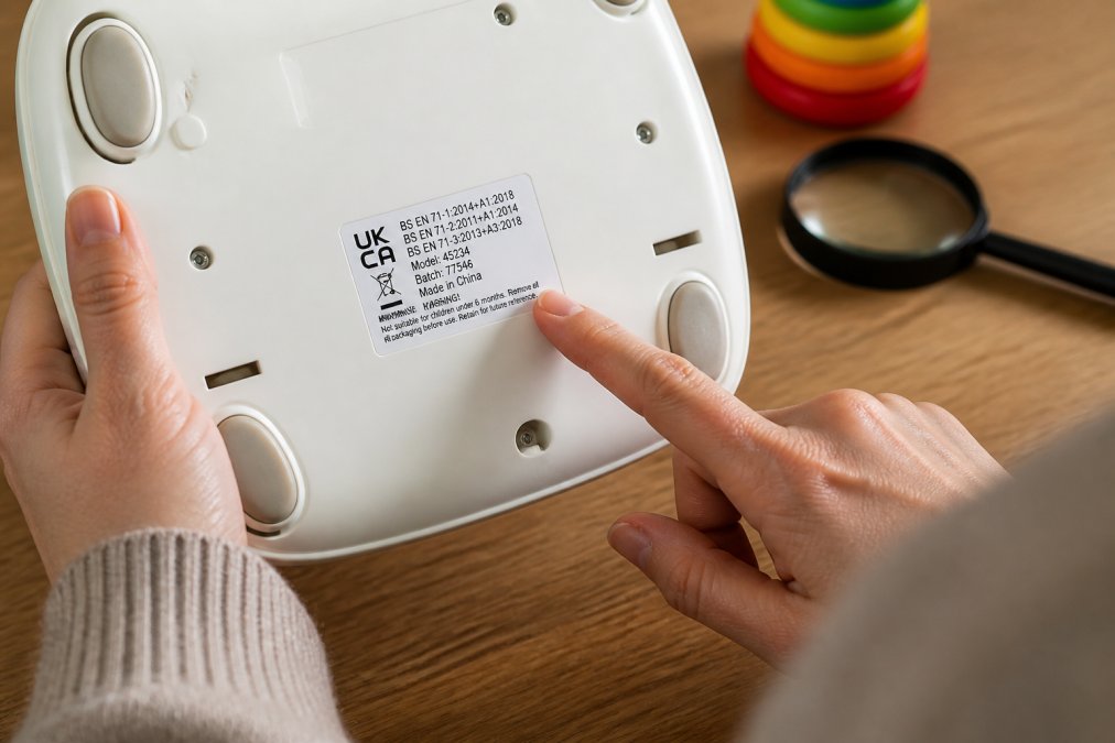 Close-up of a parent's hands examining the safety label and UKCA marking on the underside of a baby product, with a magnifying glass nearby on a wooden table