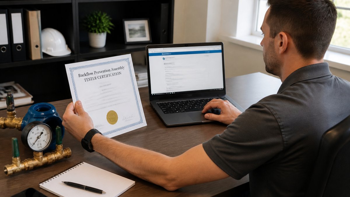 A property manager sitting at a desk, holding a printed certificate next to a laptop showing a certification lookup webpage, with a phone and notepad nearby