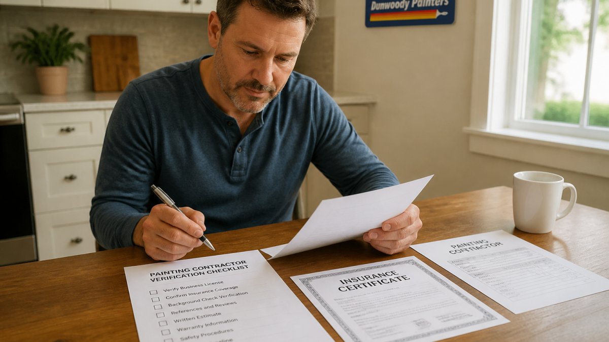 Homeowner at kitchen table with printed checklist, insurance certificate, and contractor estimate spread out, reviewing documents with a pen in hand, natural daylight from window