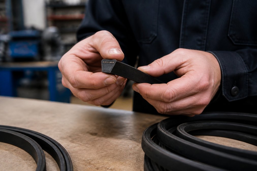 Professional technician's hands examining a V-belt under bright workshop lighting, inspecting the surface grain, edges, and cross-section for material quality and wear patterns