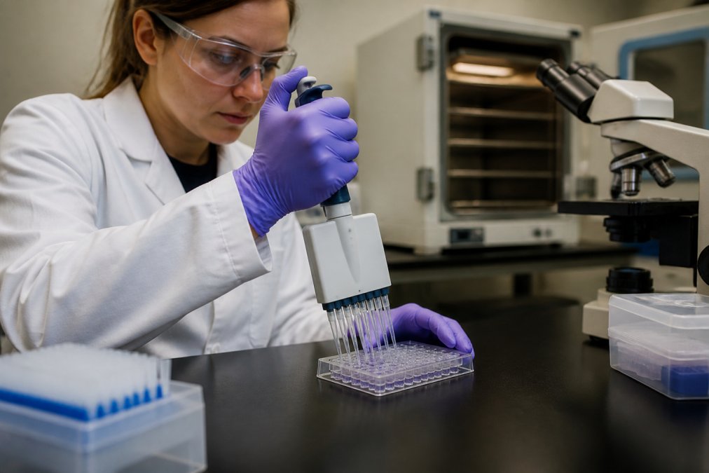 Scientist using a multichannel pipette to test peptide carriers in a 96-well plate within a laboratory setting