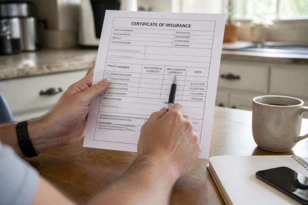 Close-up of a homeowner's hands holding a Certificate of Insurance document at a kitchen table, with a pen pointing at the policy dates and coverage limits section