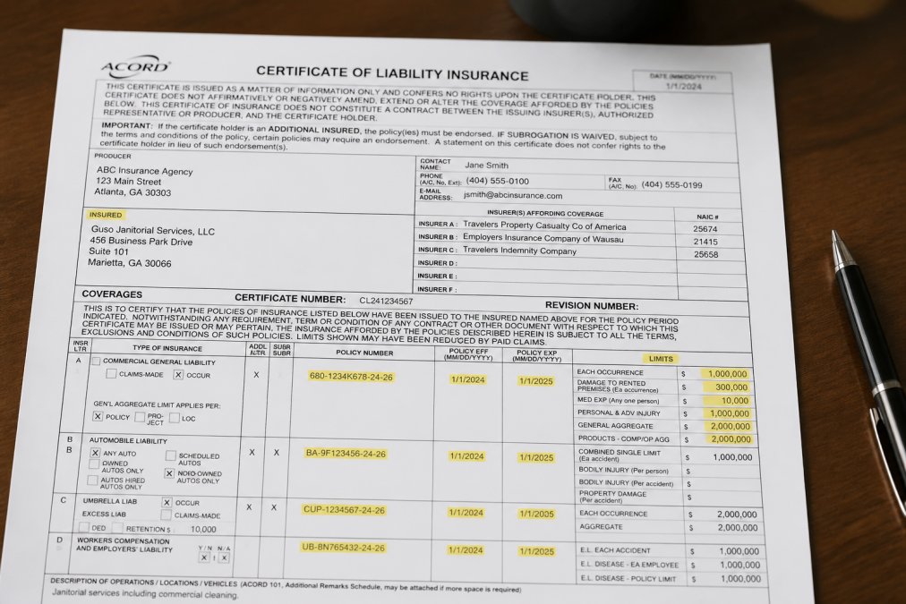 Close-up of a legitimate ACORD Certificate of Liability Insurance form showing header, insured section, carrier information, policy numbers, expiration dates, and coverage limits highlighted with annotations