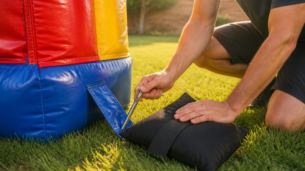 A close-up of a bounce house corner being secured with a metal stake and sandbag on a grassy backyard, with an adult kneeling to check the anchor point