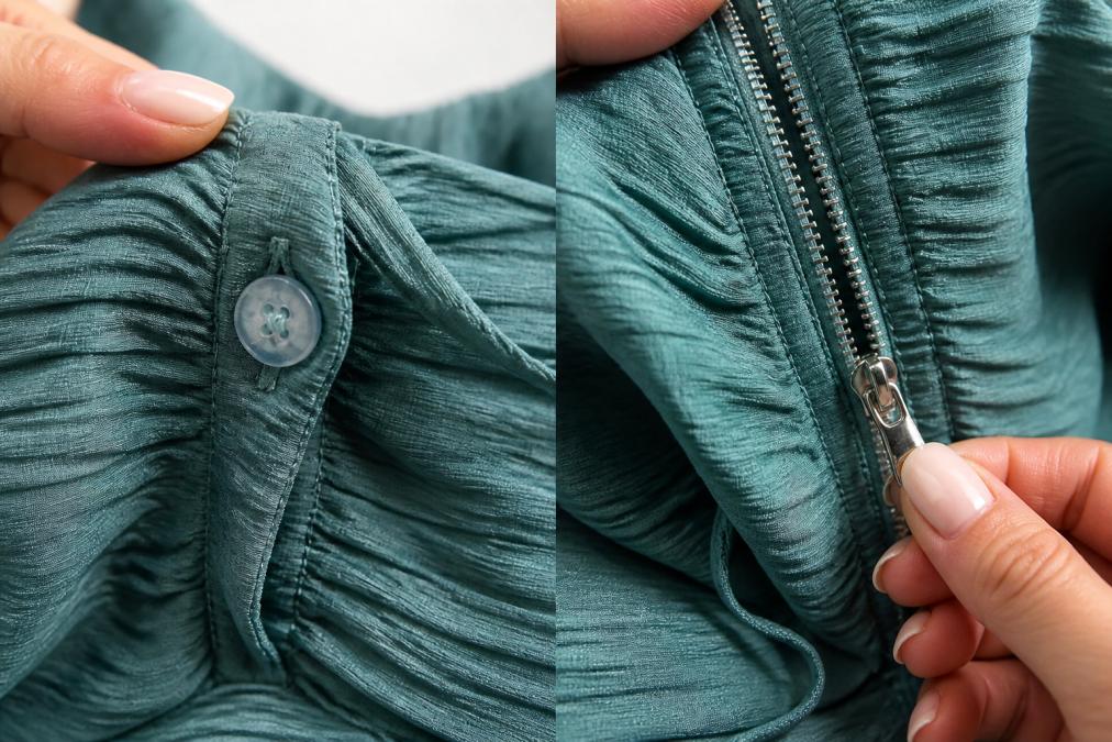 Detailed close-up of a securely attached quality button with reinforced stitching visible on fabric, and a smooth metal zipper with proper teeth alignment on an adjacent seam, photographed under bright studio lighting