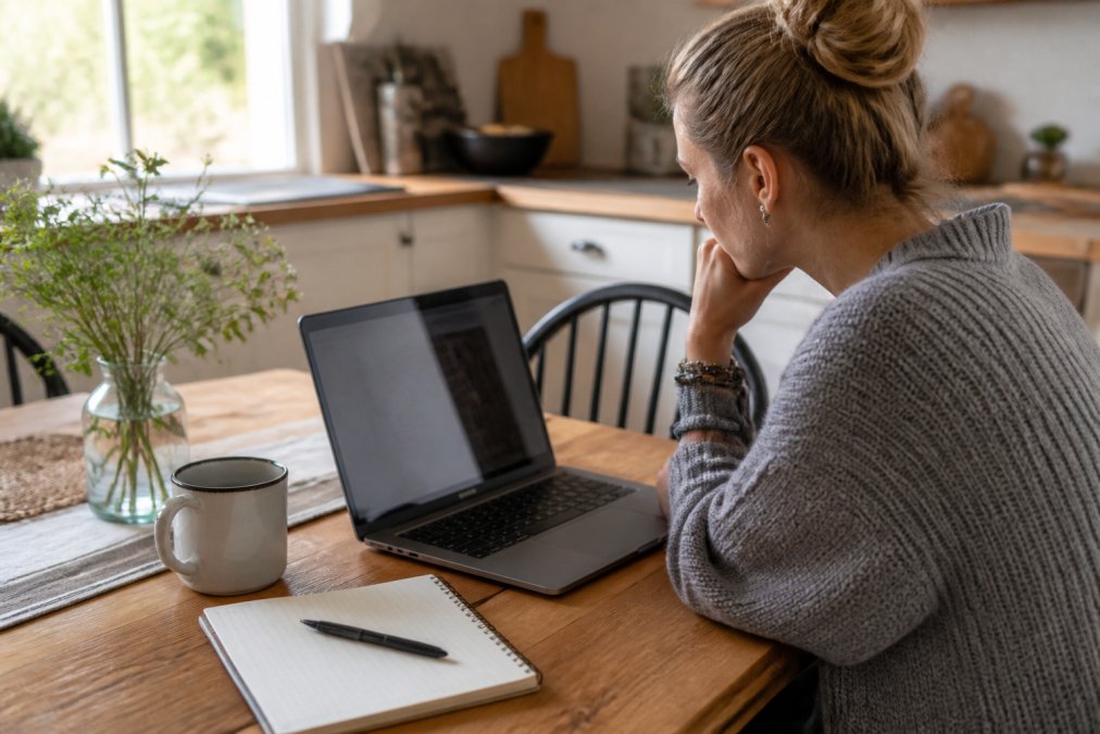 A person sitting at a kitchen table with a laptop open, reading a brand's website, with a notepad and pen nearby for jotting down notes