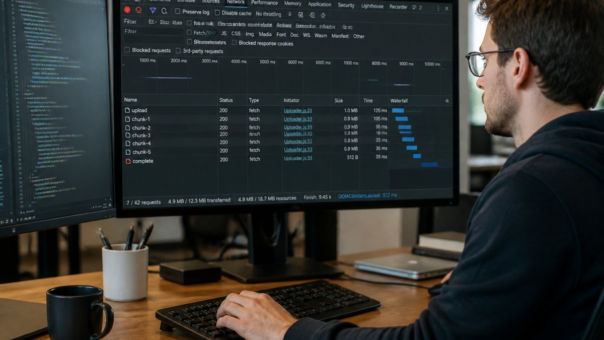 Professional developer examining browser network tab showing HTTP requests during file upload with multiple monitor setup in modern workspace