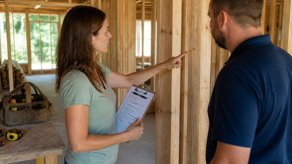 A homebuyer in casual clothes holding a printed checklist on a clipboard while standing in the framed interior of a house under construction, pointing at a lumber grade stamp on a wall stud, with a builder's representative nearby